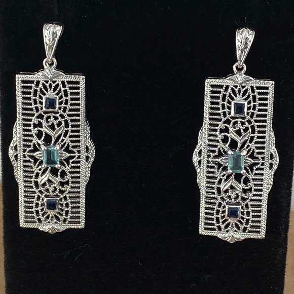 Dazzling 4x3MM Radiant Aquamarine & 2MM Blue Sapphire 925 Filigree Earrings